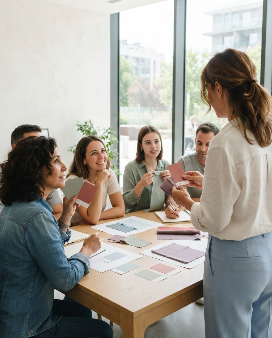 Taller de imagen para empresas: la formadora explica con cartas de color mientras el equipo escucha y prueba muestras de tejido